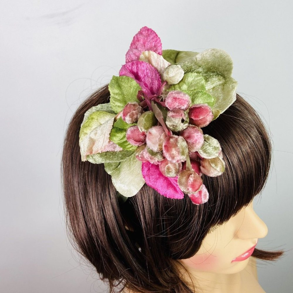 Vtg Louise Green Velvet Leafy Floral Headpiece w/ Ribbon Buds Whimsy Pink Green
